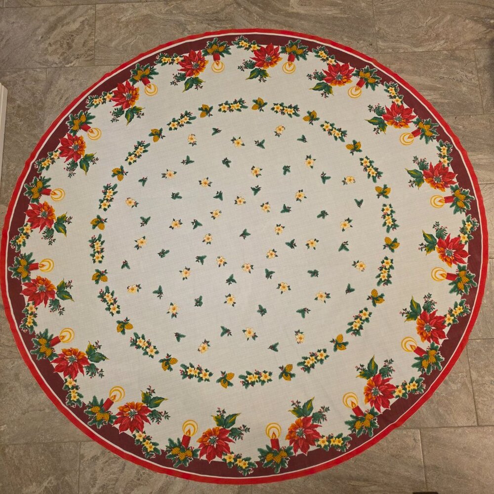 vintage holiday tablecloth poinsettia & candles circular Table 75"